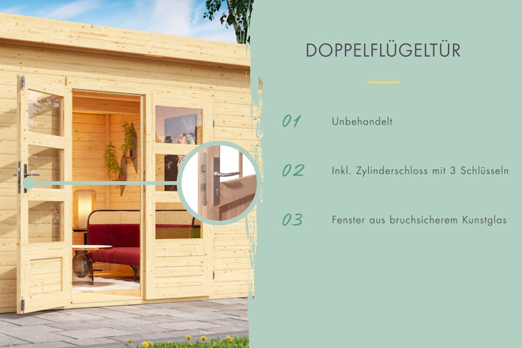 Karibu Woodfeeling Gartenhaus Trittau 3/5 inkl. 300 cm Anbaudach - 38 mm inkl. gratis Innenraum-Pflegebox im Wert von 99€ Bild