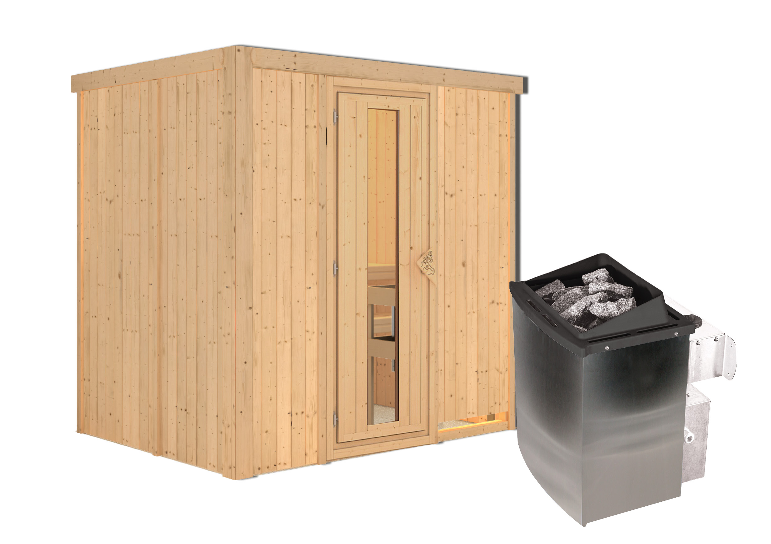 Vorschaubild Galerie Karibu Sauna Bodin mit Fronteinstieg 68 mm inkl. 9-teiligem gratis Zubehörpaket