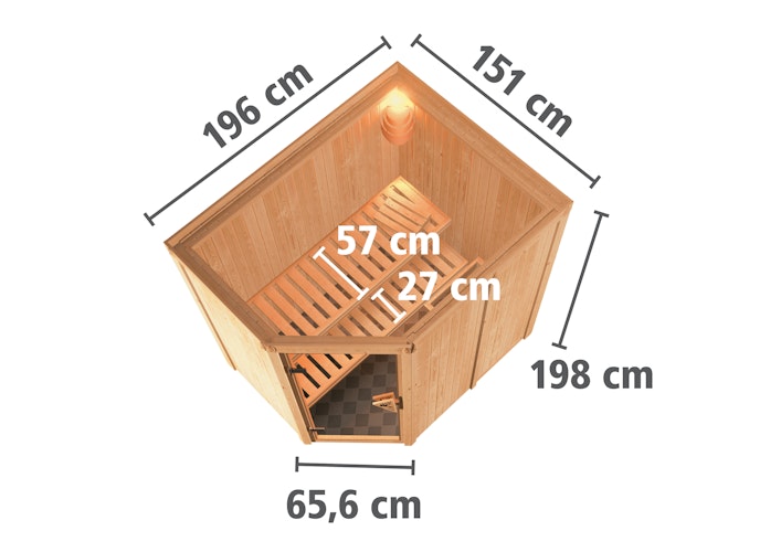 Karibu Sauna Carin mit Eckeinstieg 68 mm inkl. gratis Saunaofen & 8-teiligem Zubehörpaket (Gesamtwert 1071,91€) Bild