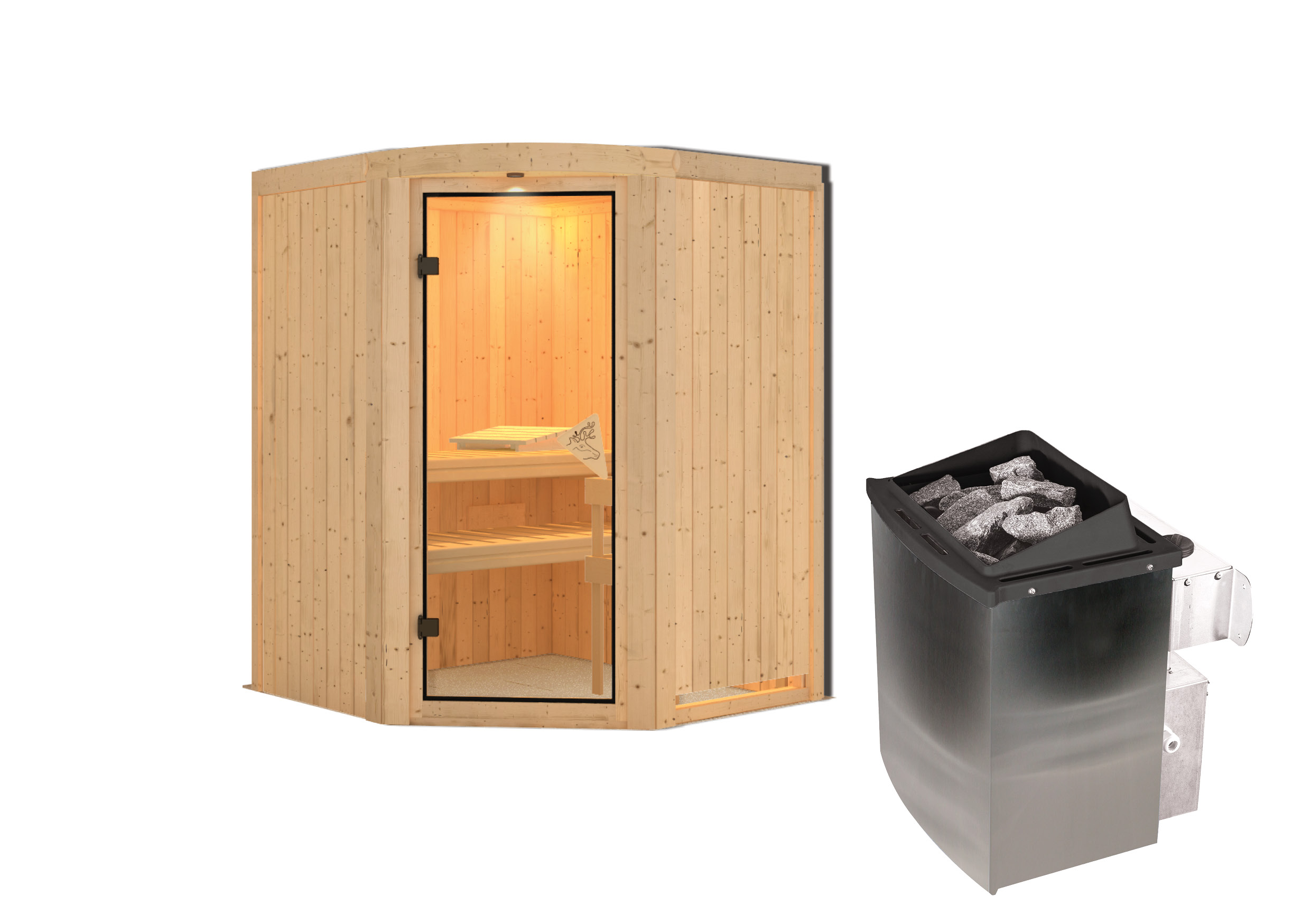 Vorschaubild Galerie Karibu Sauna Asmada mit Eckeinstieg 68 mm - Rundbogenset inkl. 9-teiligem gratis Zubehörpaket