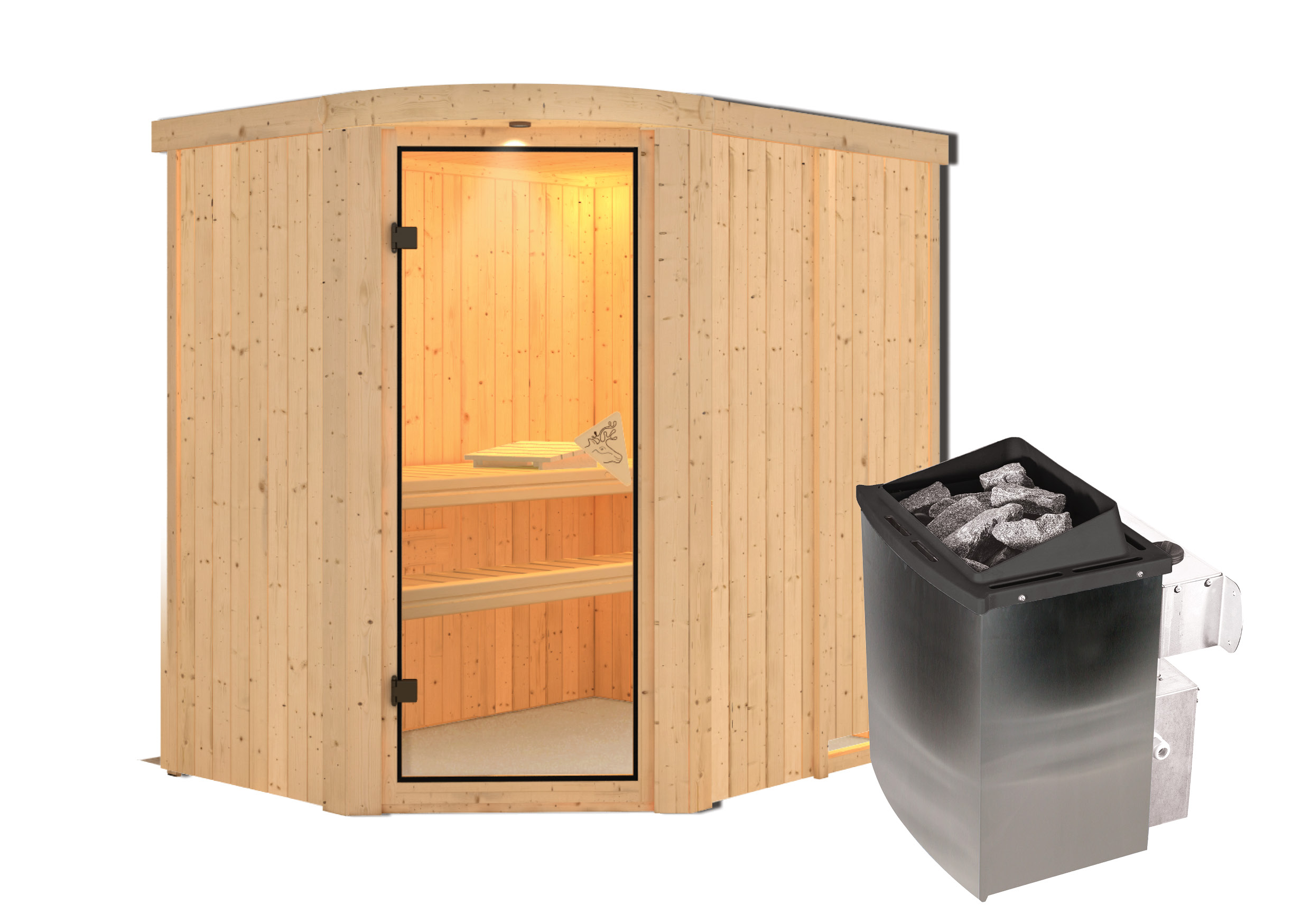 Vorschaubild Galerie Karibu Sauna Lavea mit Eckeinstieg 68 mm - Rundbogenset inkl. 9-teiligem gratis Zubehörpaket