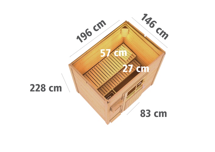 Karibu Gartensauna Pultdach Saunahaus Jorgen terragrau inkl. gratis Saunaofen & 8-teiligem Zubehörpaket (Gesamtwert 1071,91€)