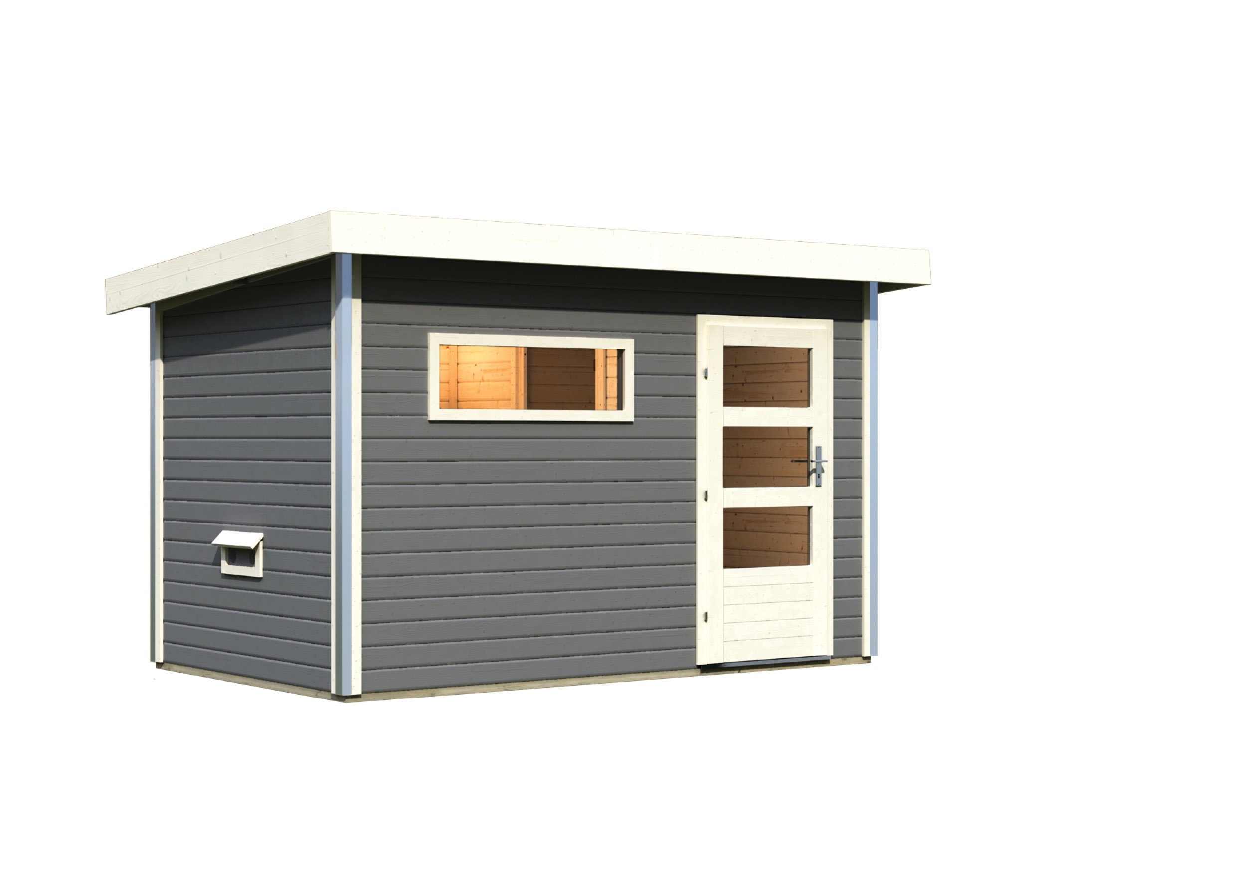 Vorschaubild Galerie Karibu Gartensauna Pultdach Saunahaus Skrollan 1 mit Vorraum terragrau inkl. 9-teiligem gratis Zubehörpaket
