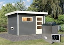 Vorschaubild Karibu Gartensauna Pultdach Saunahaus Skrollan 1 mit Vorraum terragrau
