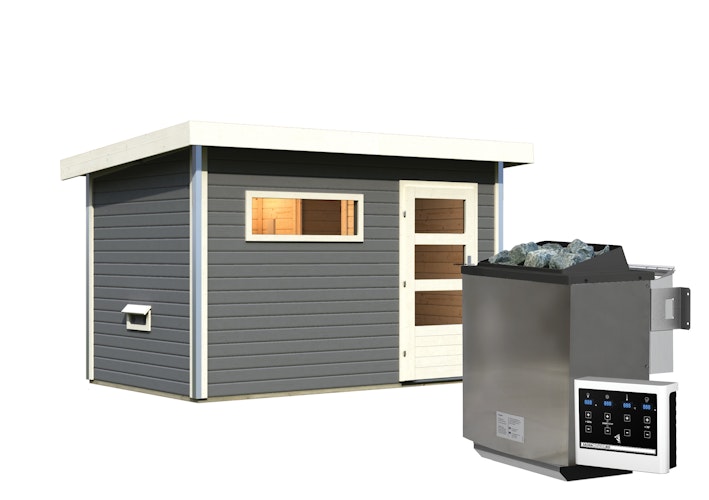 Karibu Gartensauna Pultdach Saunahaus Skrollan 1 mit Vorraum terragrau
