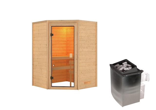 Karibu Woodfeeling Sauna Antonia - 38 mm Massivholz Aktionssauna inkl. 9-teiligem gratis Zubehörpaket Vorschaubild Galerie