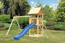 Akubi Kinderspielturm Lotti mit Satteldach inkl. Wellenrutsche, Doppelschaukelanbau und Netzrampe