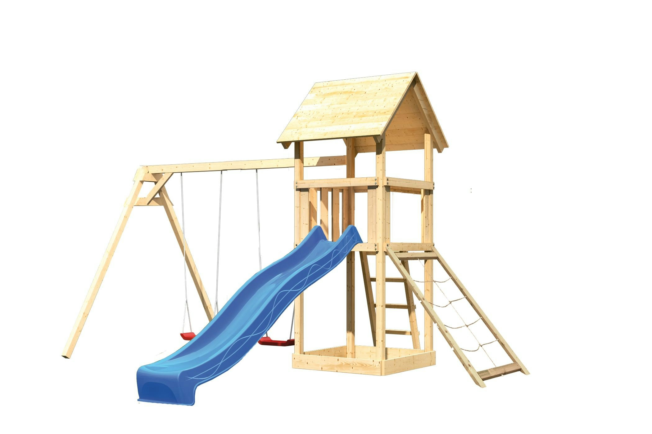 Akubi Kinderspielturm Lotti mit Satteldach inkl. Wellenrutsche, Doppelschaukelanbau und Netzrampe inkl. gratis Zubehörset