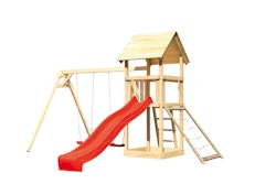Akubi Kinderspielturm Lotti mit Satteldach inkl. Wellenrutsche, Doppelschaukelanbau und Netzrampe inkl. gratis Akubi Farbystem & Kuscheltier