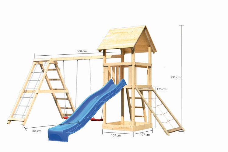 Akubi Kinderspielturm Lotti mit Satteldach inkl. Wellenrutsche, Doppelschaukelanbau, Klettergerüst und Netzrampe Bild