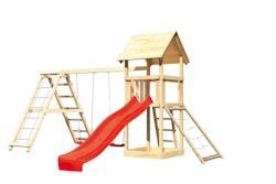 Akubi Kinderspielturm Lotti mit Satteldach inkl. Wellenrutsche, Doppelschaukelanbau, Klettergerüst und Netzrampe