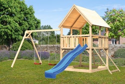 Akubi Kinderspielturm Luis mit Doppelschaukel, Netzrampe und Wellenrutsche inkl. gratis Zubehörset