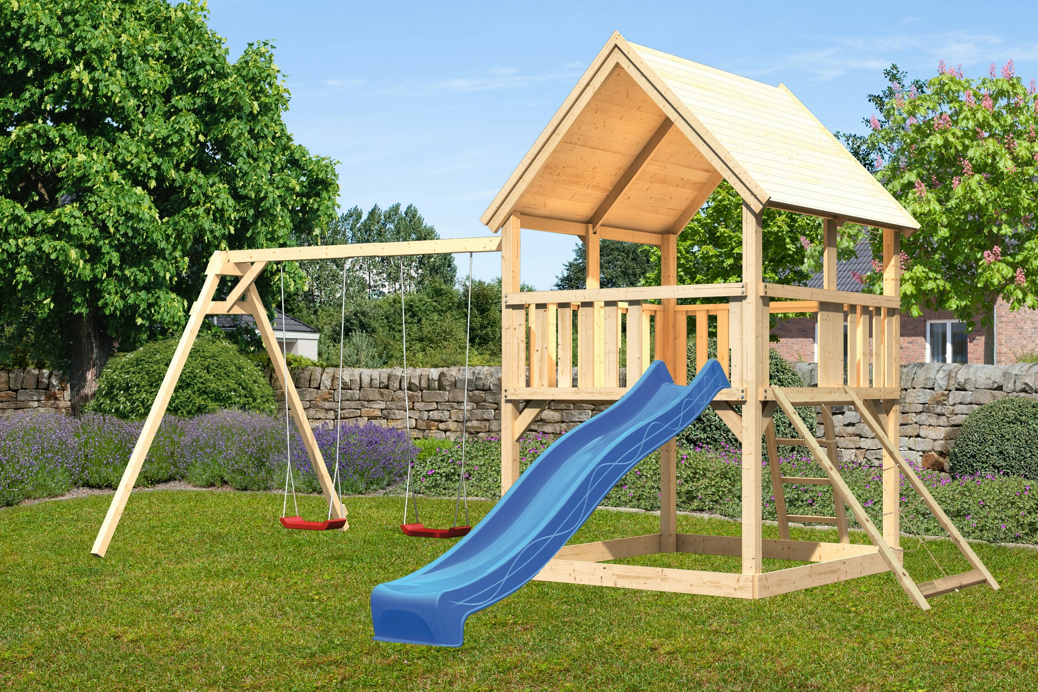 Akubi Kinderspielturm Luis mit Doppelschaukel, Netzrampe und Wellenrutsche inkl. gratis Zubehörset