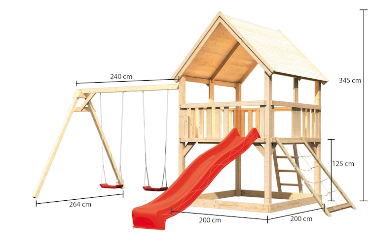 Akubi Kinderspielturm Luis mit Doppelschaukel, Netzrampe und Wellenrutsche Bild