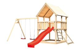 Akubi Kinderspielturm Luis mit Doppelschaukel, Netzrampe und Wellenrutsche inkl. gratis Akubi Farbsystem & Kuscheltier