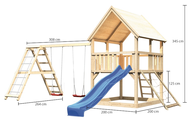 Akubi Kinderspielturm Luis mit Doppelschaukelklettergerüst, Netzrampe und Wellenrutsche Bild