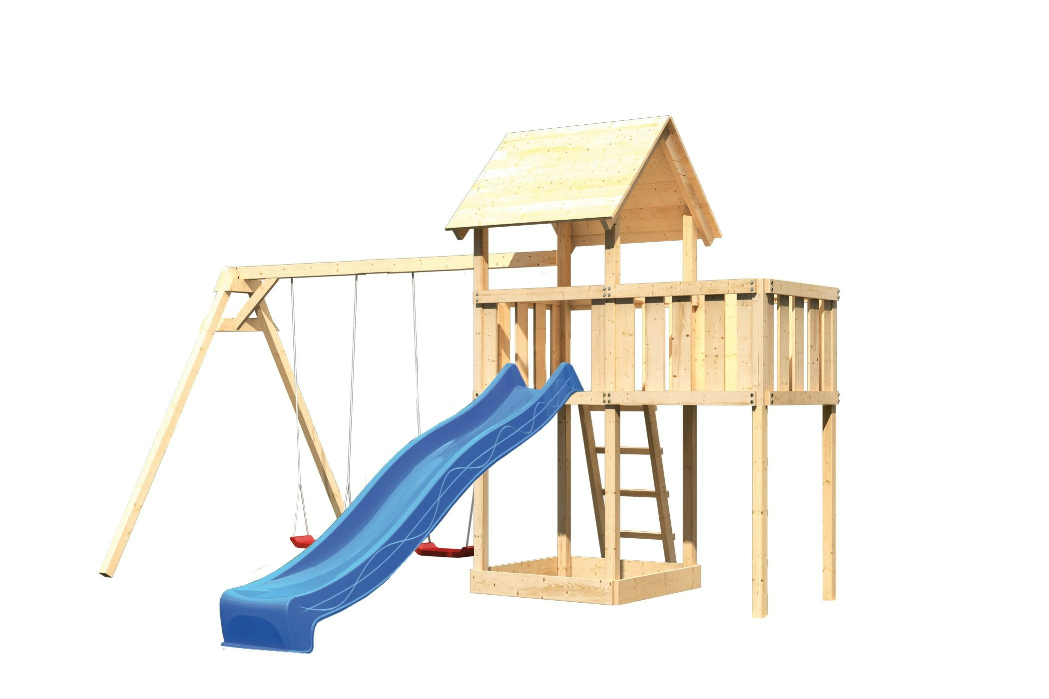Akubi Kinderspielturm Lotti mit Satteldach inkl. Wellenrutsche, Doppelschaukelanbau und Anbauplattform inkl. gratis Zubehörset