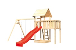Akubi Kinderspielturm Lotti mit Satteldach inkl. Wellenrutsche, Doppelschaukelanbau und Anbauplattform inkl. gratis Akubi Farbystem & Kuscheltier