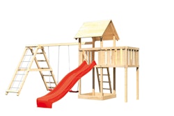 Akubi Kinderspielturm Lotti mit Satteldach inkl. Wellenrutsche, Doppelschaukelanbau, Klettergerüst und Anbauplattform
