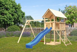 Akubi Kinderspielturm Danny mit Wellenrutsche, Doppelschaukelanbau und Netzrampe inkl. gratis Zubehörset