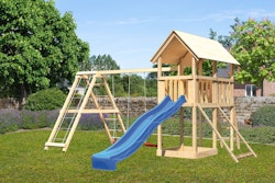 Akubi Kinderspielturm Danny mit Satteldach inkl. Wellenrutsche, Doppelschaukelanbau, Klettergerüst und Netzrampe inkl. gratis Zubehörset