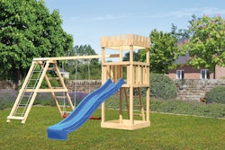 Akubi Kinderspielturm Ritterburg Löwenherz inkl. Wellenrutsche und Doppelschaukelanbau mit Klettergerüst inkl. gratis Zubehörset