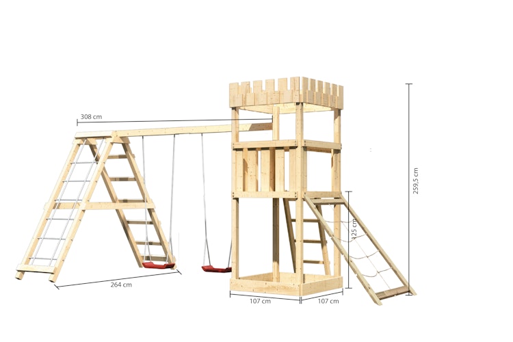 Akubi Kinderspielturm Ritterburg Löwenherz inkl. Doppelschaukelanbau mit Klettergerüst und Netzrampe