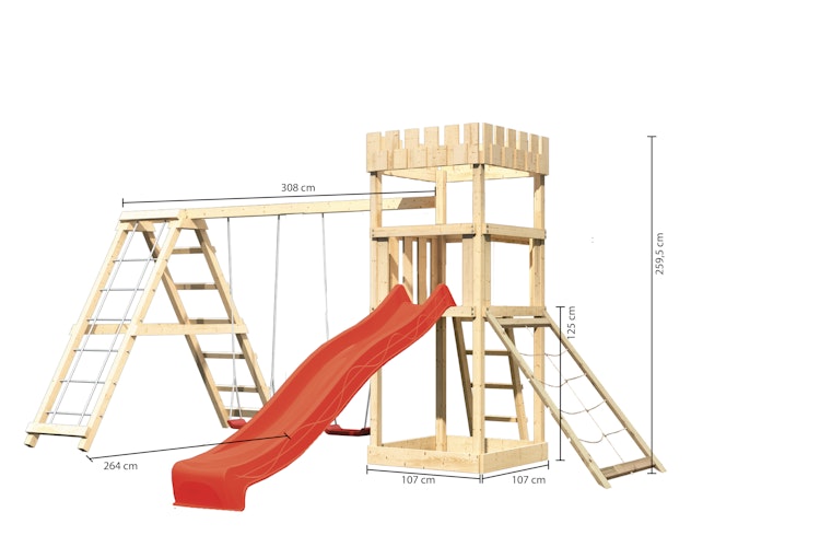 Akubi Kinderspielturm Ritterburg Löwenherz inkl. Wellenrutsche, Doppelschaukelanbau, Klettergerüst und Netzrampe