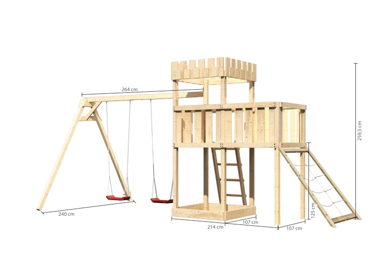 Akubi Kinderspielturm Ritterburg Löwenherz inkl. Doppelschaukelanbau, Anbauplattform und Netzrampe