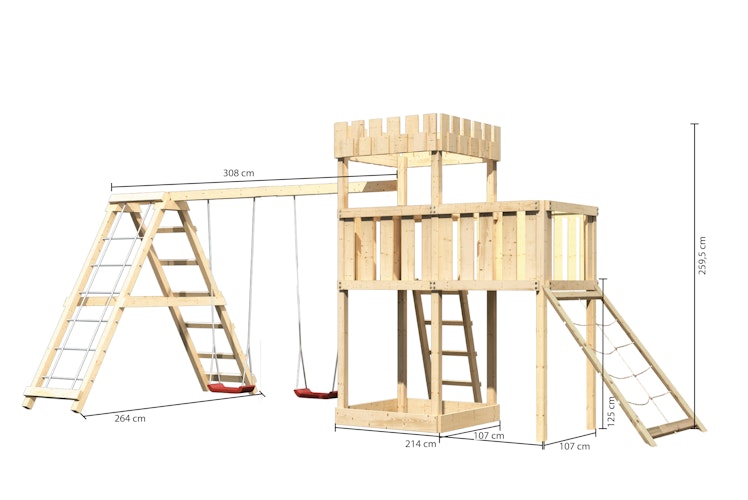 Akubi Kinderspielturm Ritterburg Löwenherz inkl. Doppelschaukelanbau, Klettergerüst, Anbauplattform und Netzrampe Bild