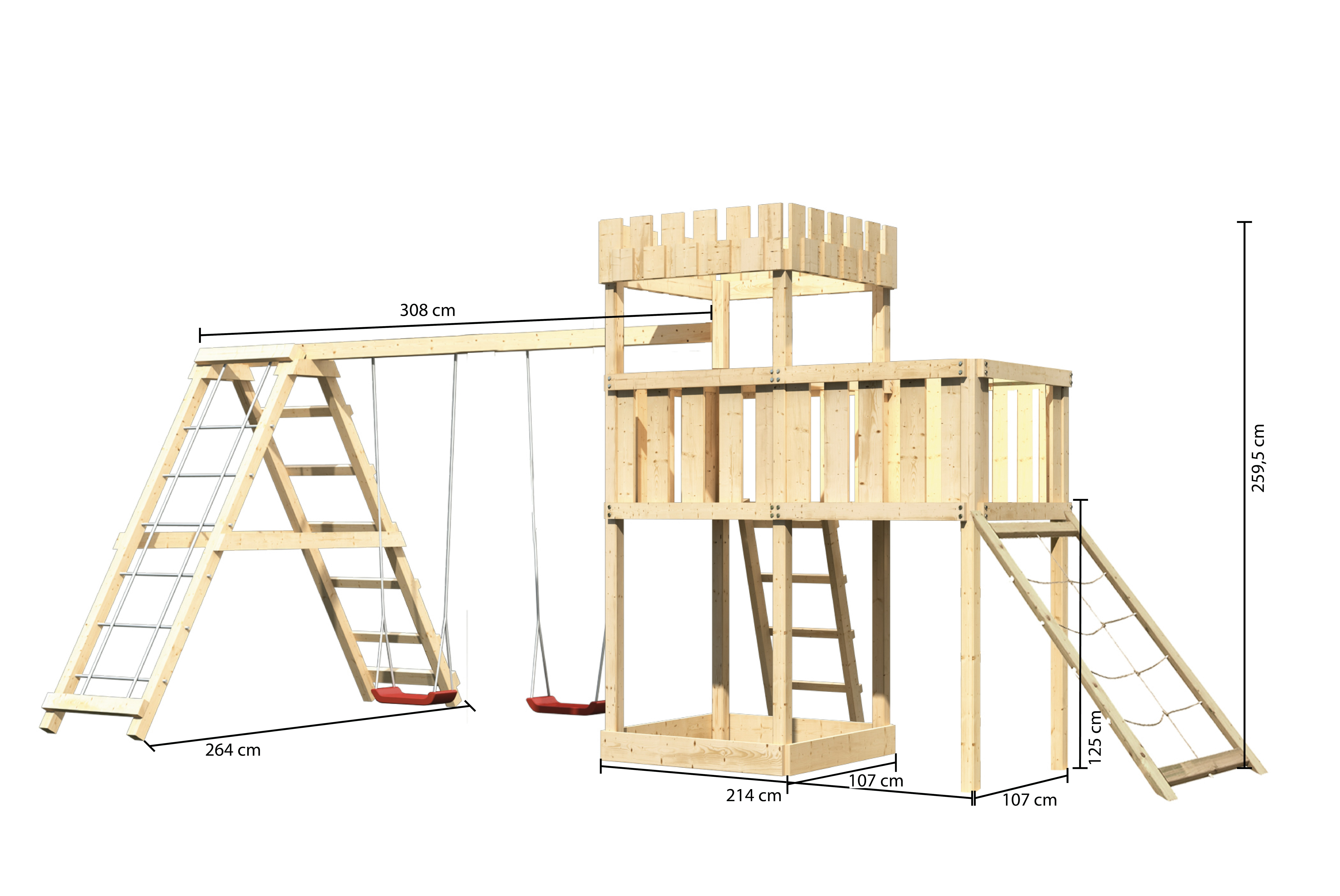 Akubi Kinderspielturm Ritterburg Löwenherz inkl. Doppelschaukelanbau, Klettergerüst, Anbauplattform und Netzrampe inkl. gratis Zubehörset