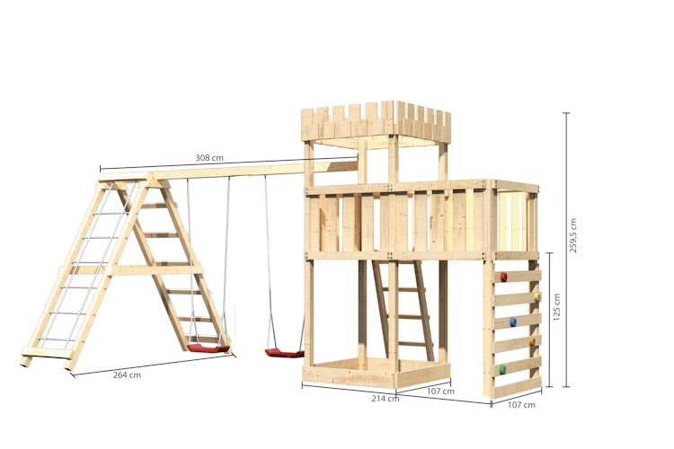 Akubi Kinderspielturm Ritterburg Löwenherz inkl. Doppelschaukelanbau, Klettergerüst, Anbauplattform und Kletterwand