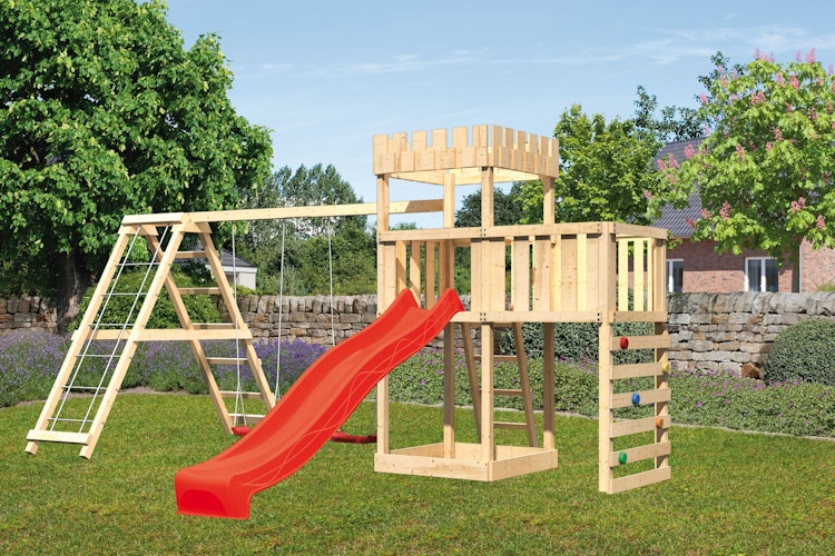 Akubi Kinderspielturm Ritterburg Löwenherz inkl. Wellenrutsche, Kletterwand, Anbauplattform, Doppelschaukelanbau und Klettergerüst