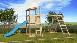 Akubi Kinderspielturm Anna mit Pultdach inkl. Wellenrutsche, Doppelschaukel und Klettergerüst inkl. gratis Zubehörset