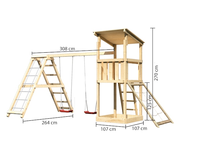 Akubi Kinderspielturm Anna mit Pultdach inkl. Netzrampe, Doppelschaukel und Klettergerüst Bild