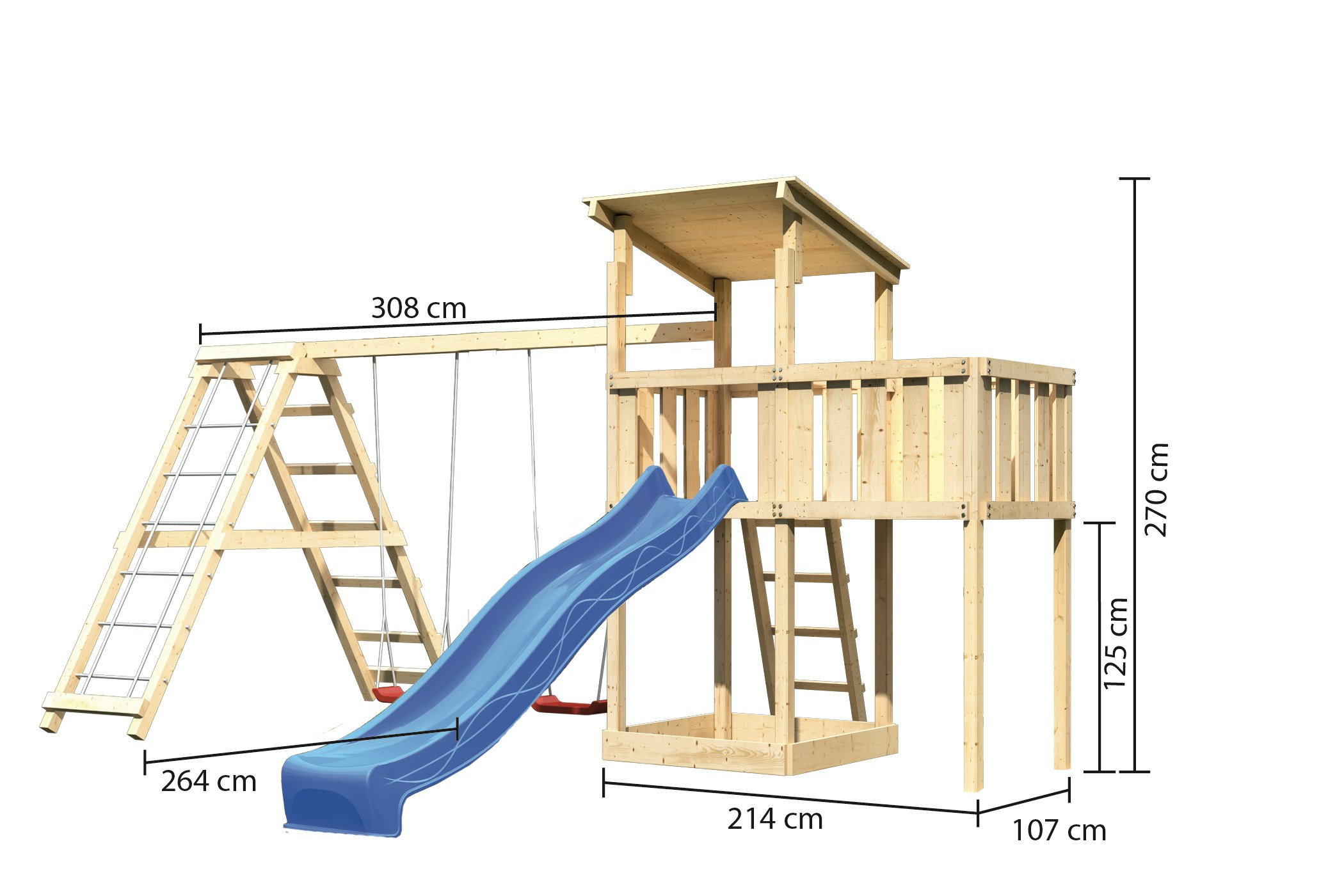 Akubi Kinderspielturm Anna mit Pultdach inkl. Wellenrutsche, Anbauplattform, Doppelschaukel und Klettergerüst inkl. gratis Zubehörset