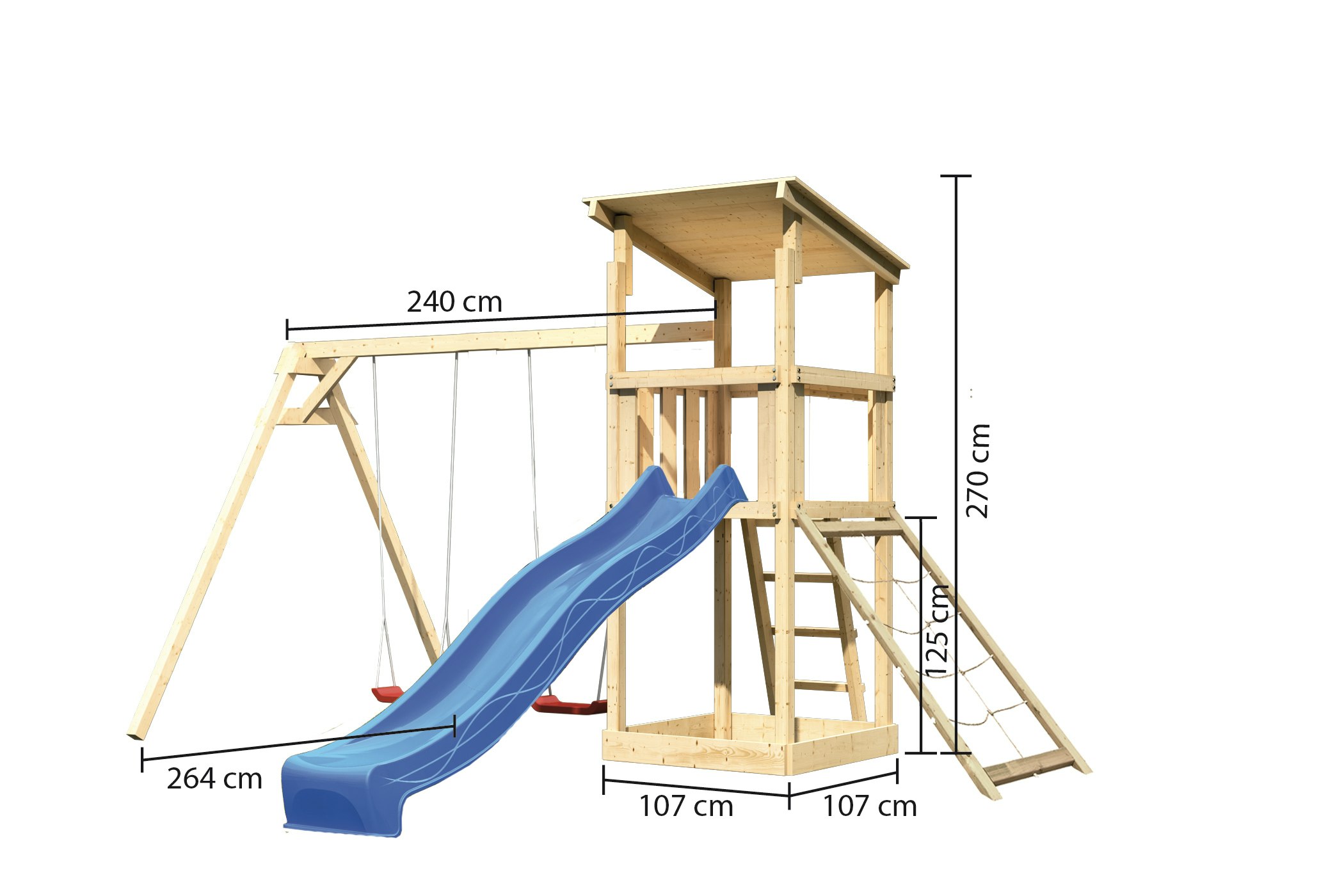 Akubi Kinderspielturm Anna mit Pultdach inkl. Wellenrutsche, Netzrampe und Doppelschaukel inkl. gratis Zubehörset