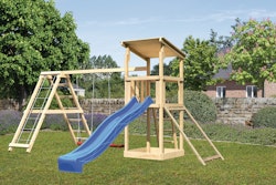 Akubi Kinderspielturm Anna mit Pultdach inkl. Wellenrutsche, Netzrampe, Doppelschaukel und Klettergerüst inkl. gratis Zubehörset