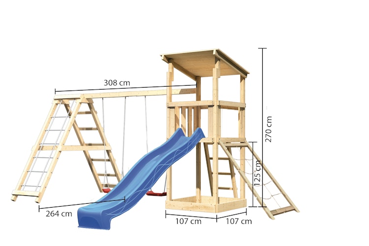 Akubi Kinderspielturm Anna mit Pultdach inkl. Wellenrutsche, Netzrampe, Doppelschaukel und Klettergerüst Bild