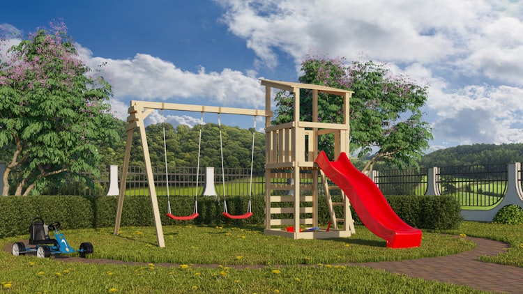 Akubi Kinderspielturm Anna mit Pultdach inkl. Wellenrutsche, Kletterwand und Doppelschaukel Bild