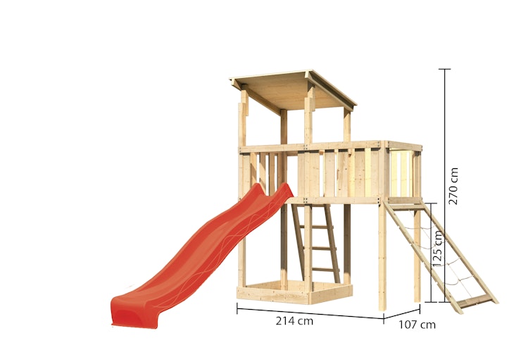 Akubi Kinderspielturm Anna mit Pultdach inkl. Anbauplattform, Wellenrutsche und Netzrampe Bild