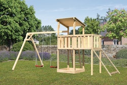 Akubi Kinderspielturm Anna mit Pultdach inkl. Doppelschaukel, Anbauplattform und Netzrampe