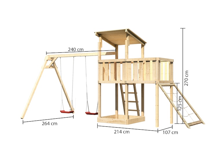 Akubi Kinderspielturm Anna mit Pultdach inkl. Doppelschaukel, Anbauplattform und Netzrampe Bild