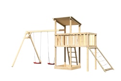 Akubi Kinderspielturm Anna mit Pultdach inkl. Doppelschaukel, Anbauplattform und Netzrampe inkl. gratis Akubi Farbystem & Kuscheltier