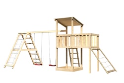 Akubi Kinderspielturm Anna mit Pultdach inkl. Netzrampe, Anbauplattform, Doppelschaukel und Klettergerüst
