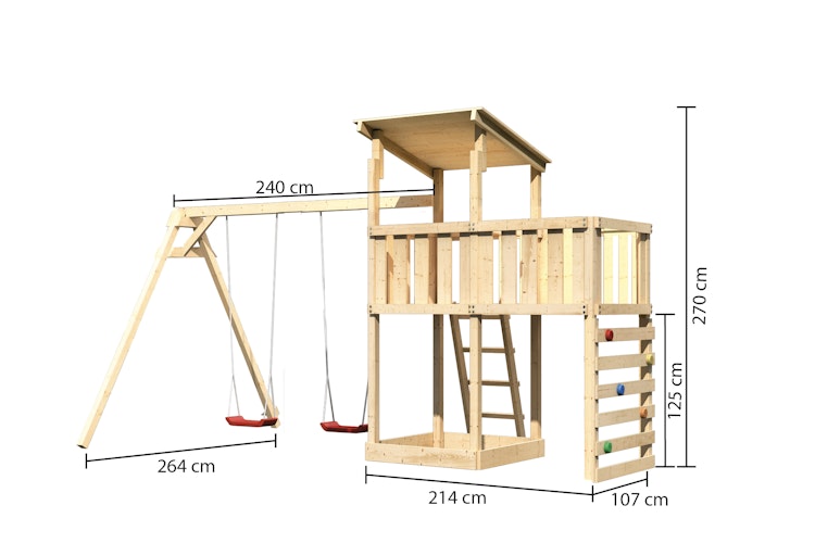 Akubi Kinderspielturm Anna mit Pultdach inkl. Doppelschaukel, Anbauplattform und Kletterwand Bild