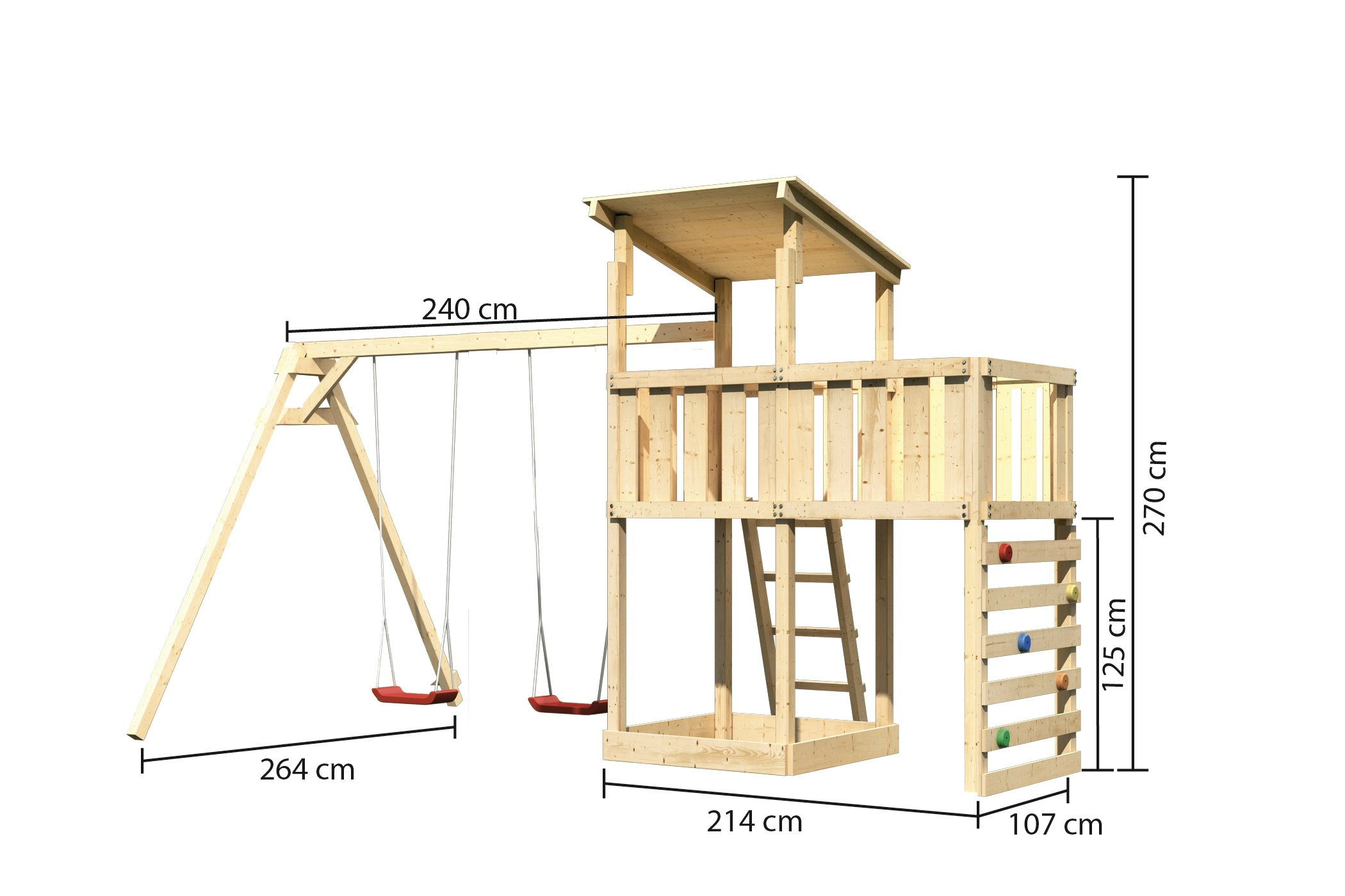 Akubi Kinderspielturm Anna mit Pultdach inkl. Doppelschaukel, Anbauplattform und Kletterwand inkl. gratis Zubehörset