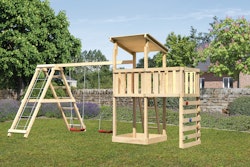 Akubi Kinderspielturm Anna mit Pultdach inkl. Kletterwand, Anbauplattform, Doppelschaukel und Klettergerüst inkl. gratis Zubehörset