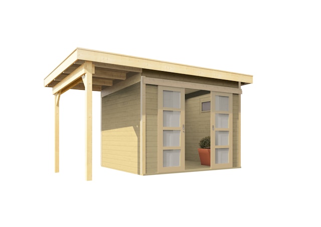 Wolff Finnhaus Gartenhaus Gerätehaus Pulti 28 ST-B mit 150 cm Seitendach A inkl. gratis Fundamentanker/Pads Vorschaubild Galerie