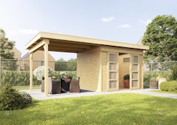 Wolff Finnhaus Gartenhaus Gerätehaus Pulti 28 ST-B mit 300 cm Seitendach C inkl. gratis Fundamentanker/Pads